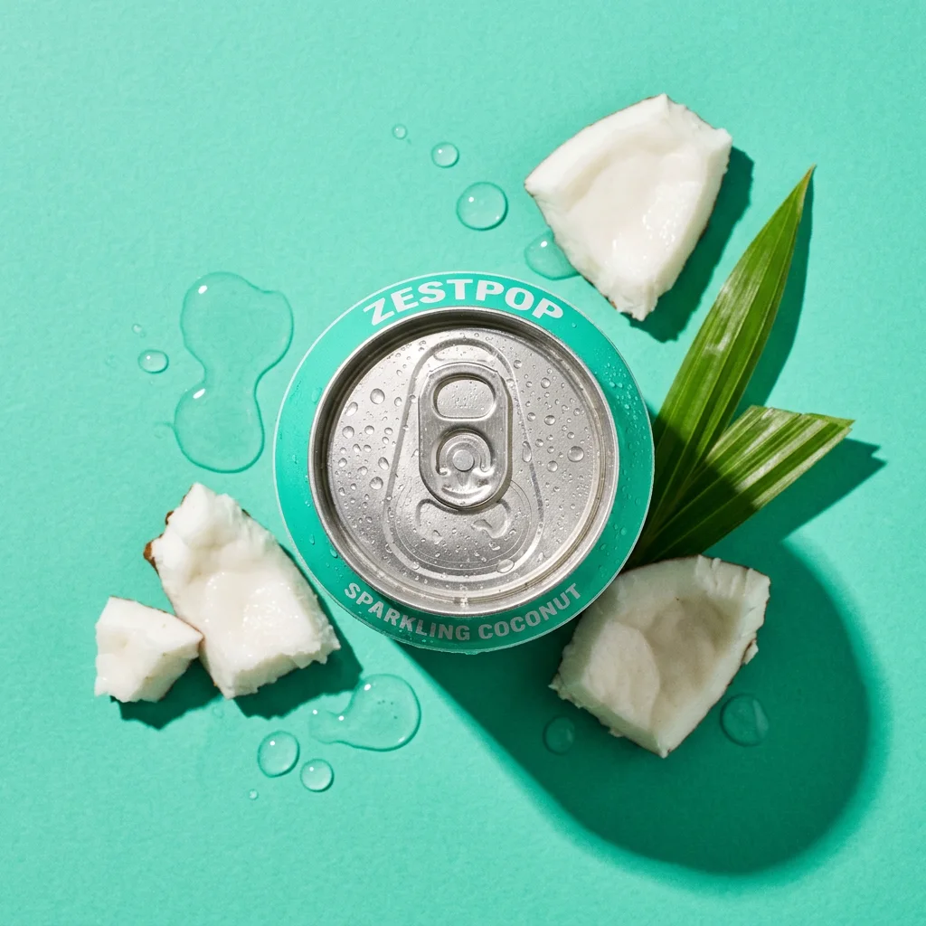 Tutup kaleng ZestPop dari atas, dikelilingi daging kelapa muda dan daun kelapa di latar aqua.